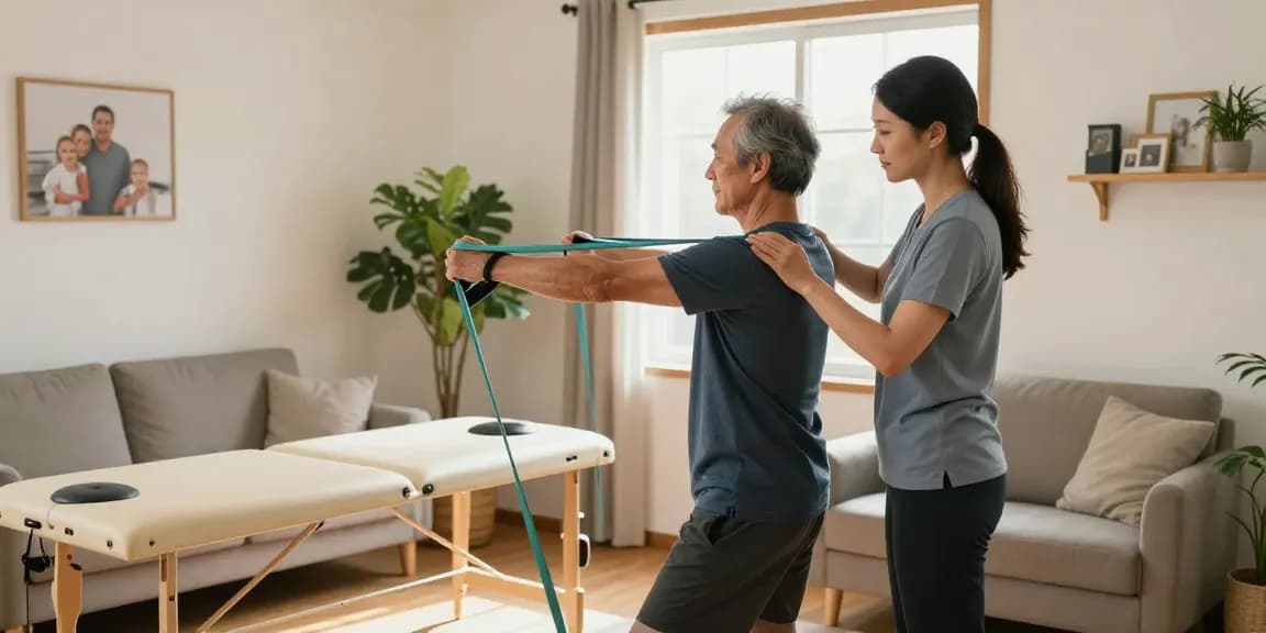 In-home physiotherapy Burlington session with patient and therapist in cozy living room.