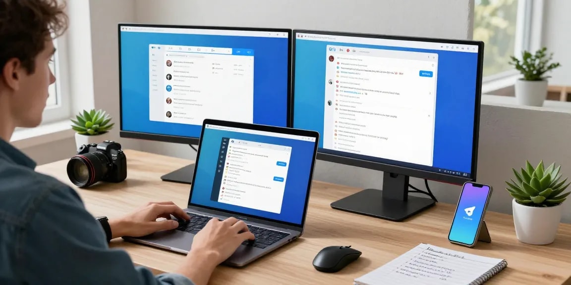 Using Telegram Web Version in a modern workspace with tech gadgets and bright ambiance.