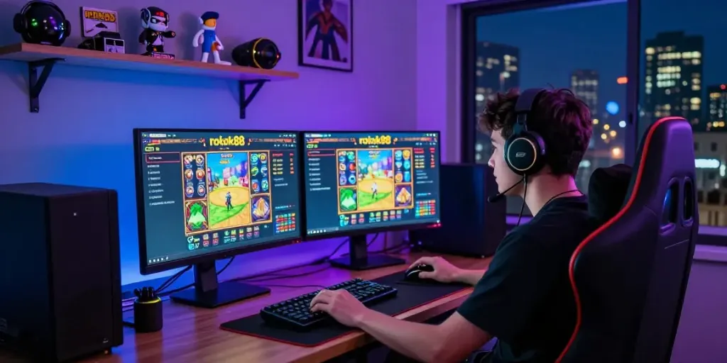 Engaging player immersed in rokok88 slot gaming experience, surrounded by vibrant visuals and gaming gear.