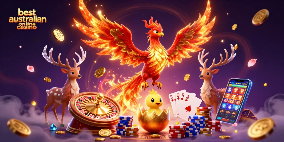 Engaging 3D scene showcasing the best australian online casino with phoenix characters and casino elements.