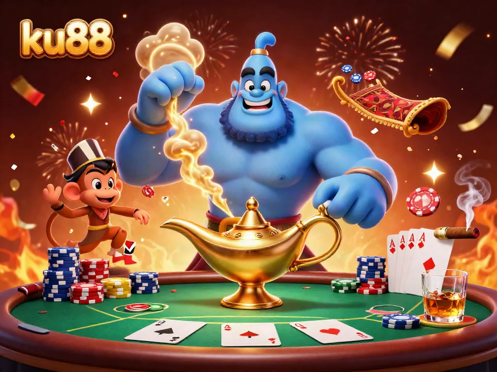 Experience winning at ku88 with a vibrant 3D genie and poker elements amidst a festive casino backdrop.