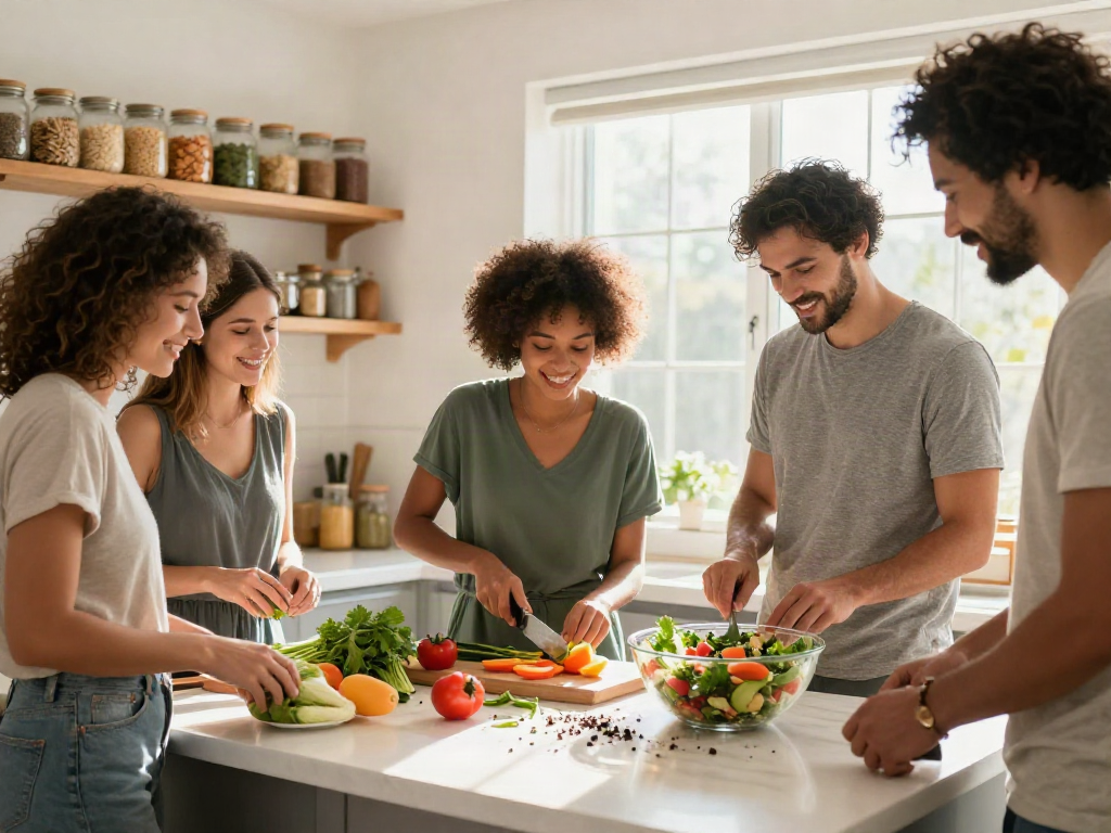 Friends cooking together in a bright kitchen, focusing on healthy meal preparation from https://treatmentcenterdiet.com.