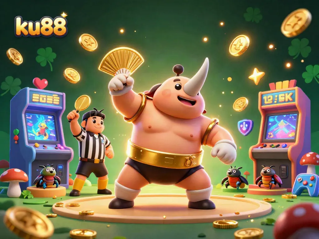 Experience thrilling gameplay with ku88's vibrant and dynamic casino atmosphere featuring coins and cheering beetle spectators.