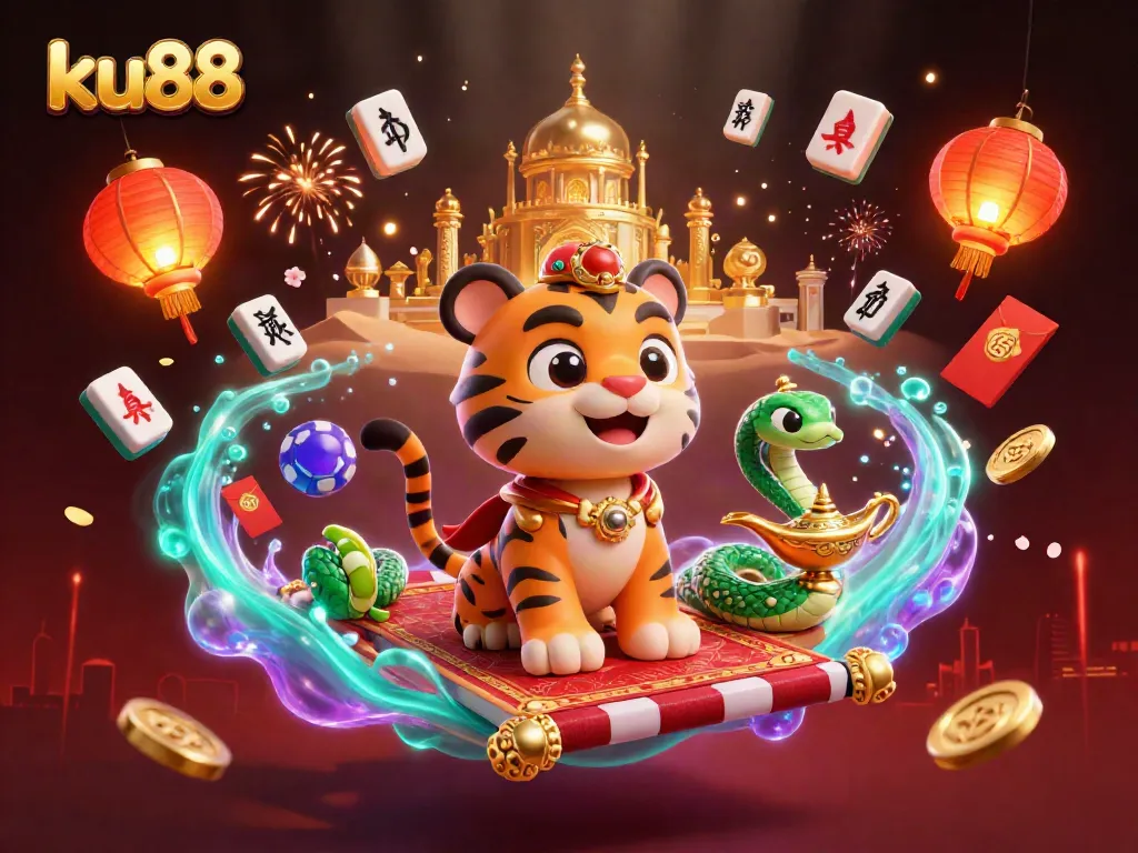 Experience excitement at ku88 with a vibrant 3D illustration featuring gambling elements and a magical tiger sultan.