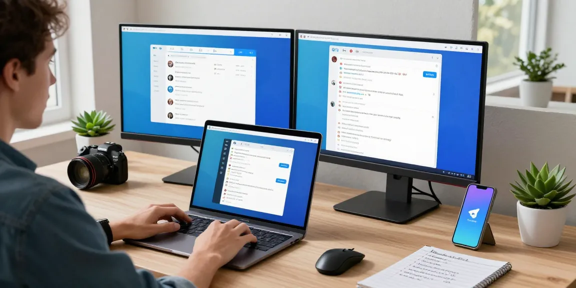 Using Telegram Web Version in a modern workspace with tech gadgets and bright ambiance.
