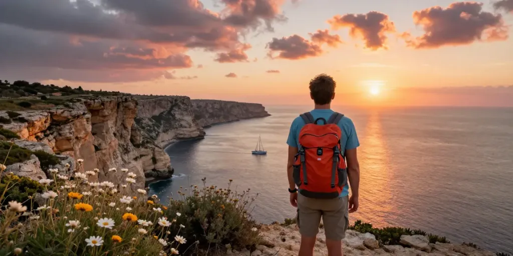 Gozo tours adventurer at sunset overlooking the coast, capturing stunning views.