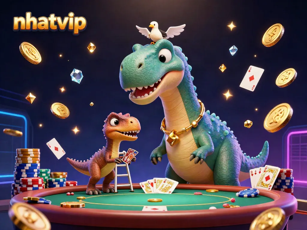 Nhatvip casino scene featuring a giant brontosaurus, raptor dealer, and vibrant game elements.