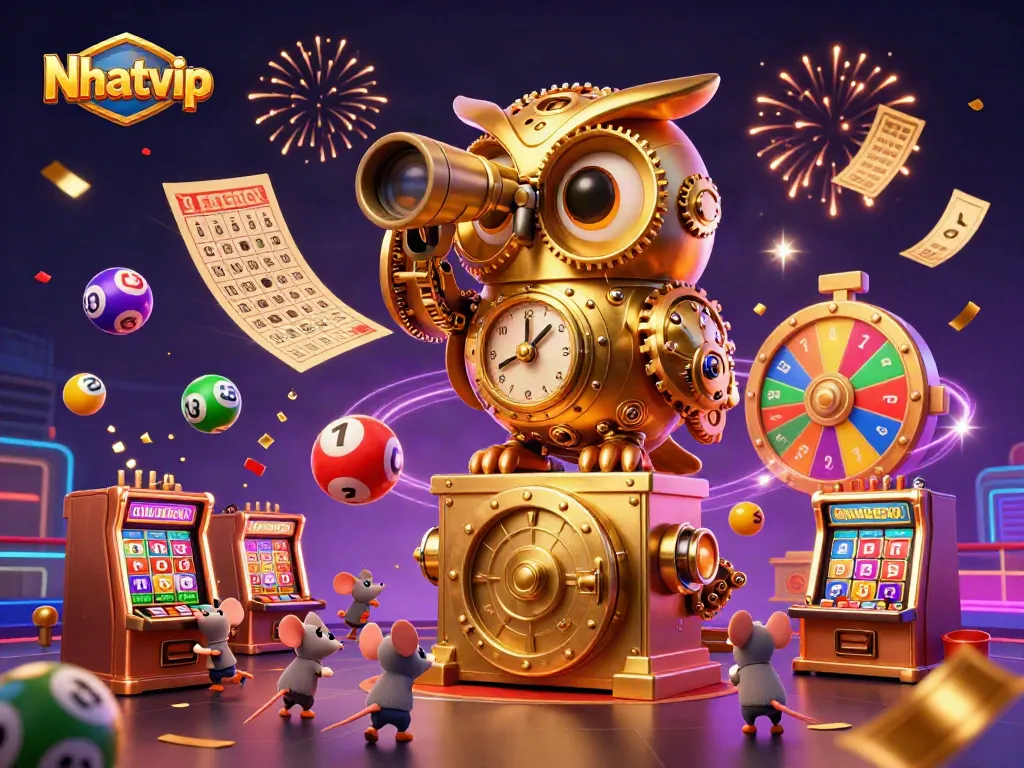 Nhatvip offers thrilling gaming with a captivating golden owl overlooking a bustling casino floor.
