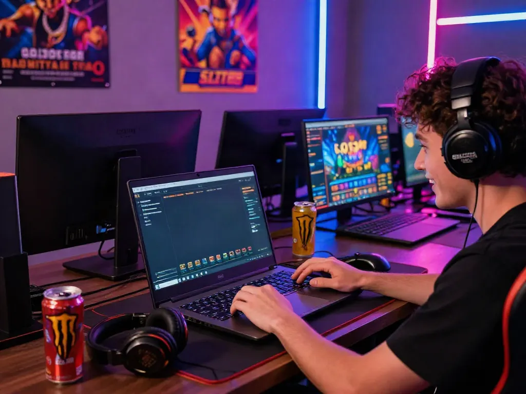 Exciting slot88 gaming scene showing a player engaged with vibrant graphics and gaming accessories