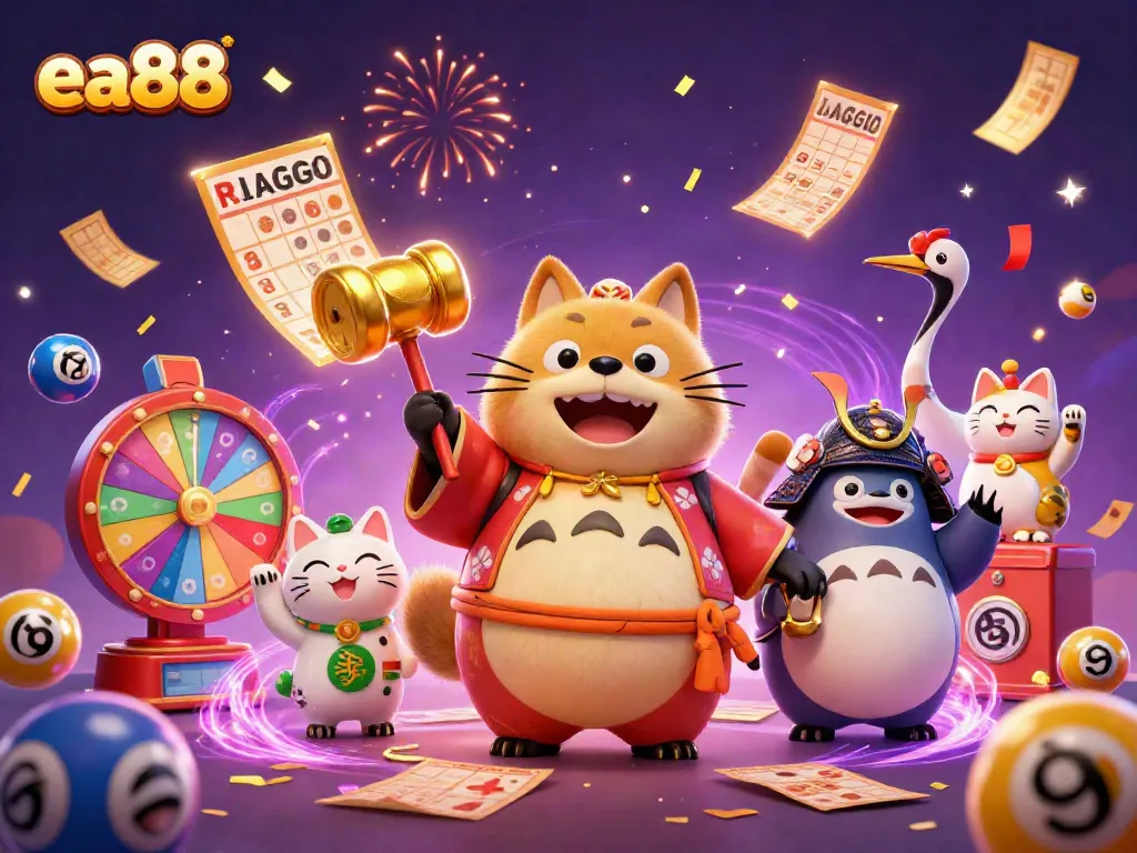 Experience fun and luck with ea88 in this vibrant 3D casino illustration filled with festive characters and gaming elements.