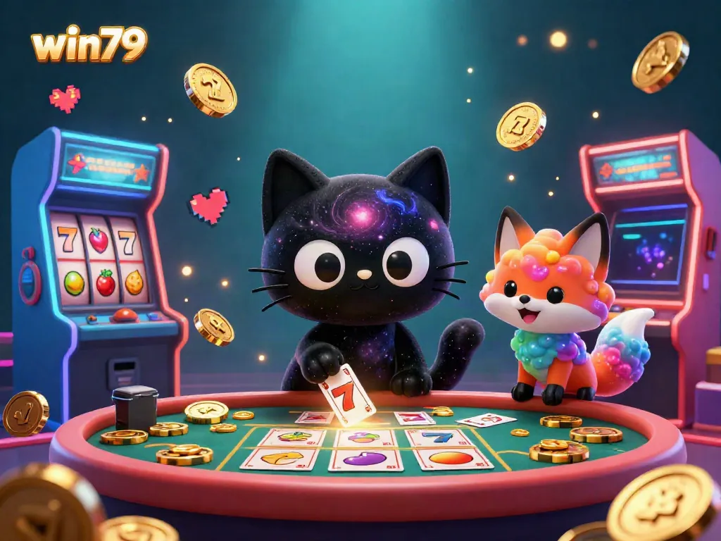 Win79 cosmic casino scene featuring a black hole cat and colorful fox attracting golden chips and cards.