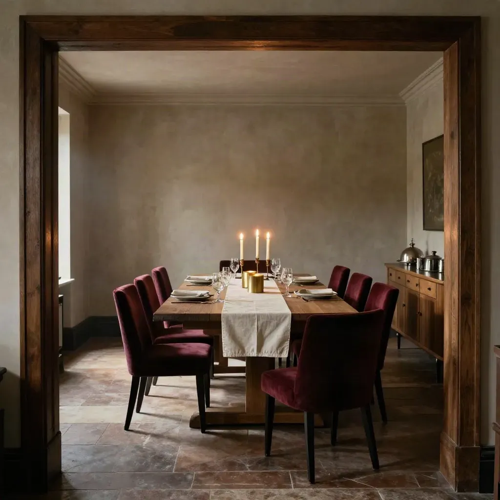 Grand private dining room set for six with burgundy chairs, candles, and a glowing sideboard.