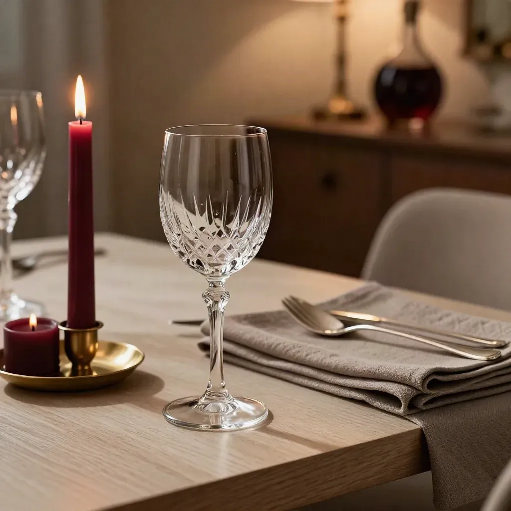 Macro of a candlelit six-seat Vienna dinner table with crystal, linen, brass, and wine reflections.