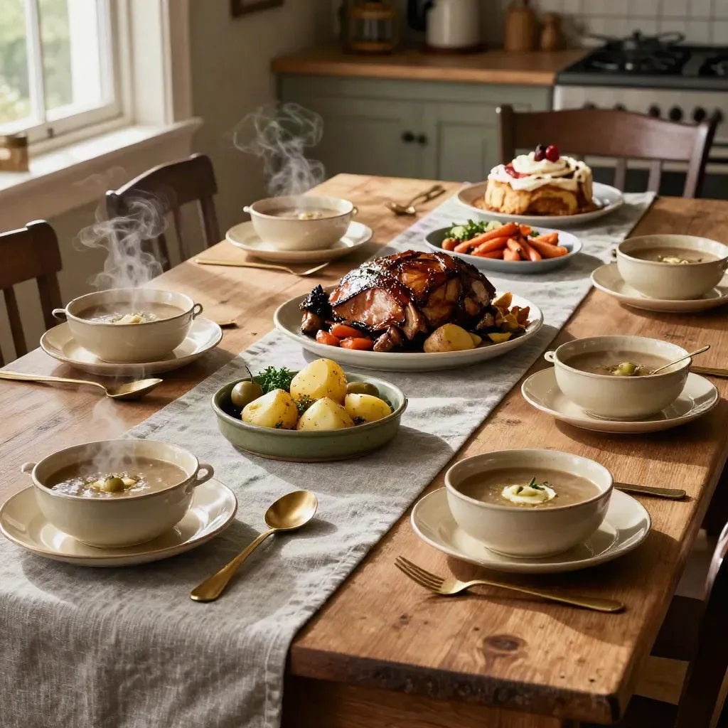Steaming Sunday lunch table with roast, vegetables, soup bowls, and dessert in warm late-afternoon light.