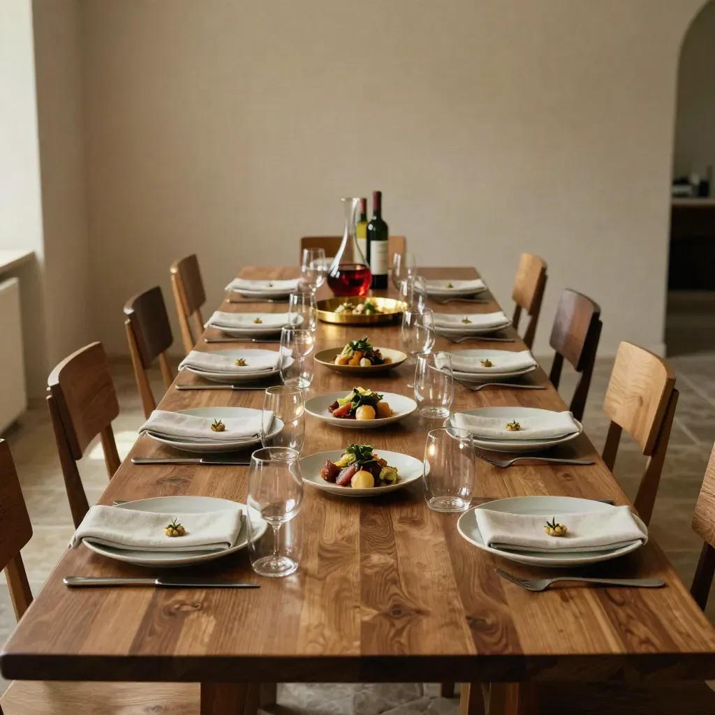 Private board dinner table in Linz set for ten with plated courses, glassware and wine service