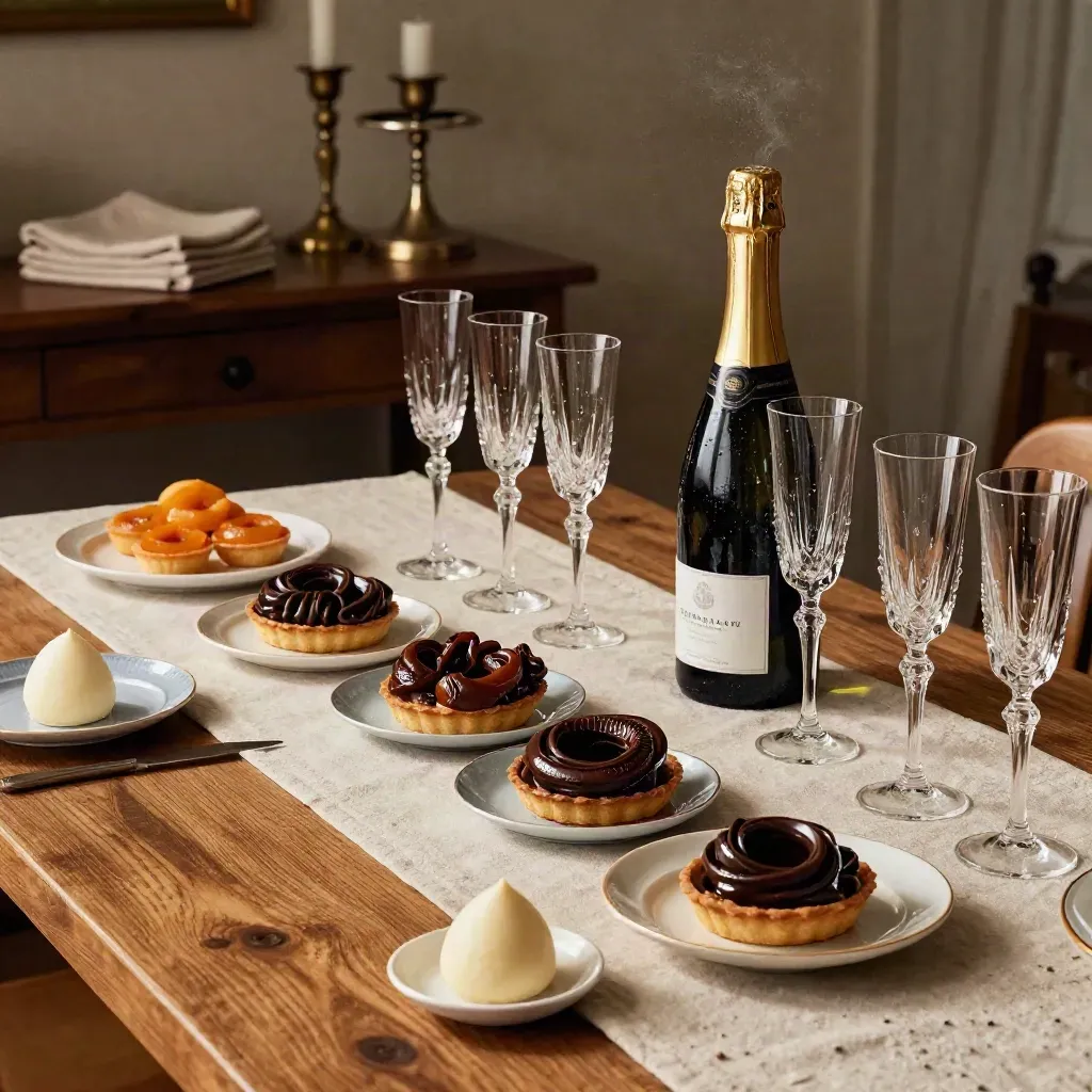 Birthday dessert table with sparkling wine, flutes, and candlelit sideboard