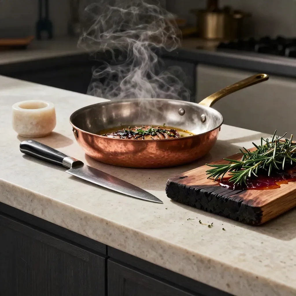 Copper sauté pan, chef's knife, salt cellar and herbs on travertine, with glossy pan fond.