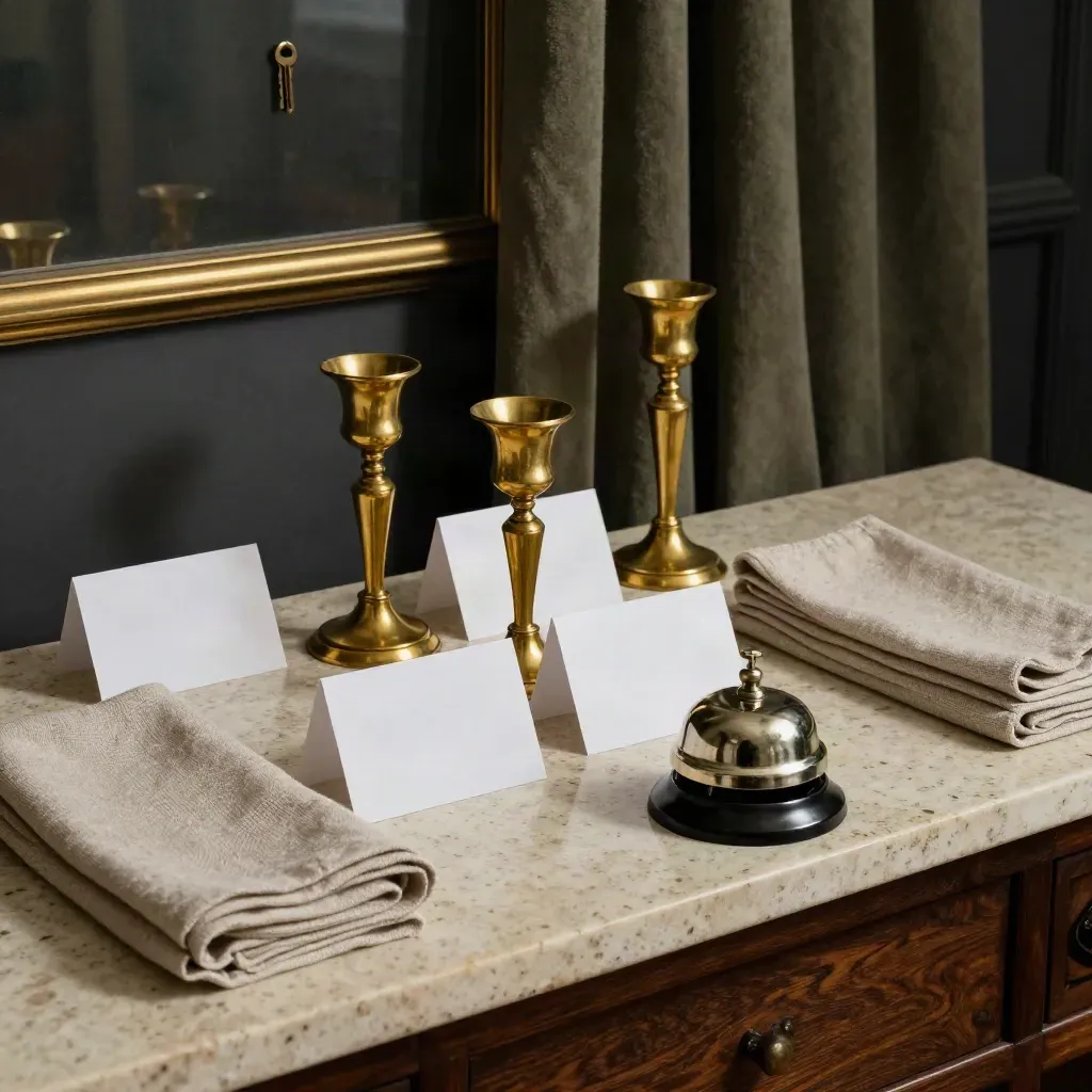 Brass candleholders, linen napkins, face-down place cards, and a service bell on travertine.