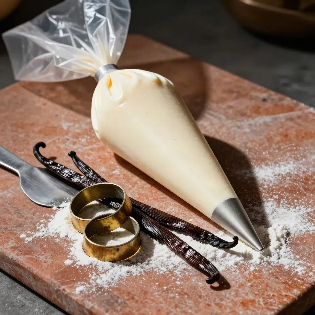 Extreme macro of pastry tools, tart rings, piping bags, vanilla pods and flour on a stone slab.
