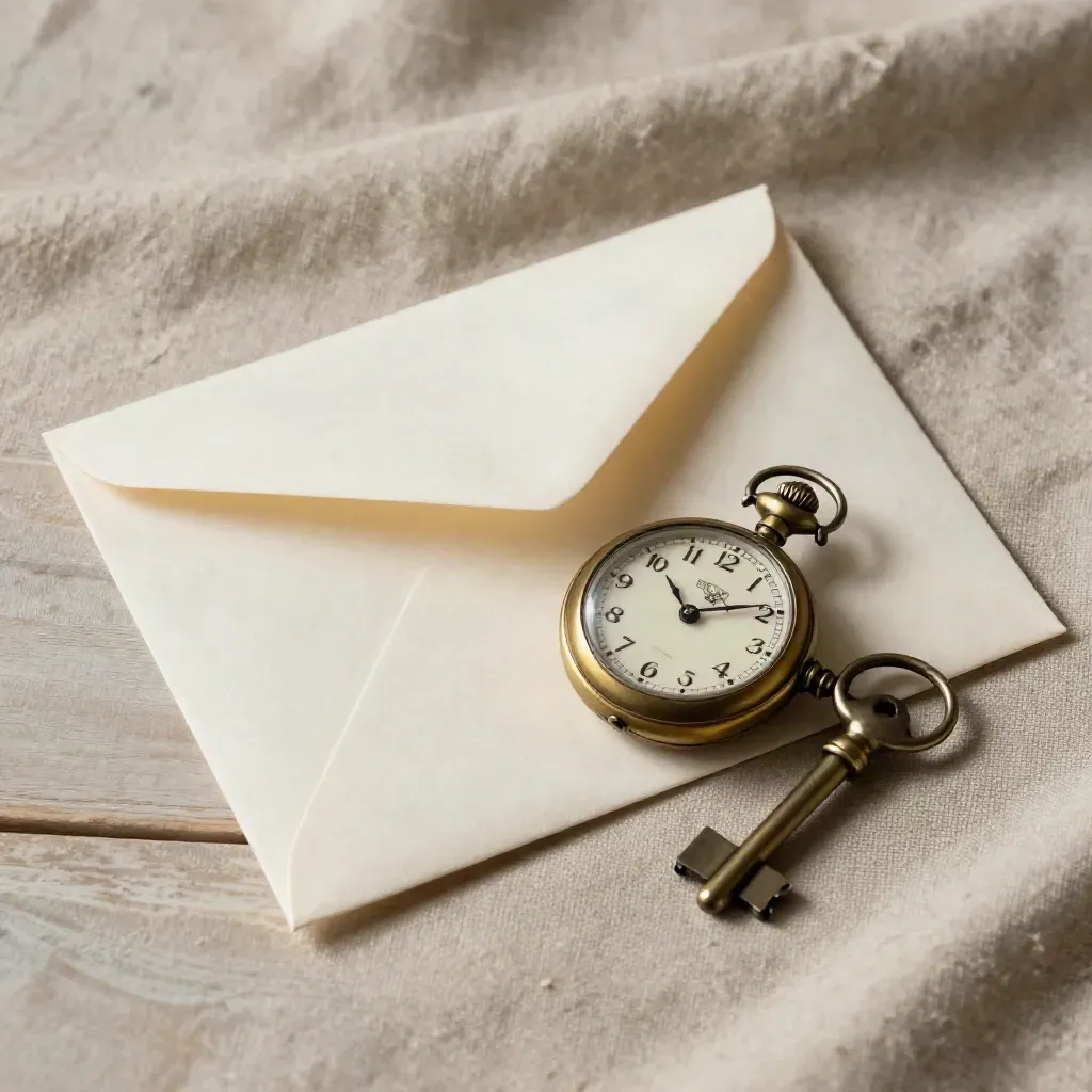 Brass pocket watch, cream envelope and keys on linen atop pale wood.