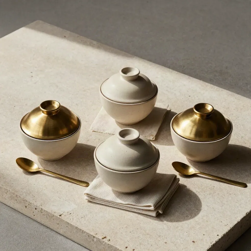 Overhead flatlay of three covered tasting bowls, spoon, and linen coaster on pale stone