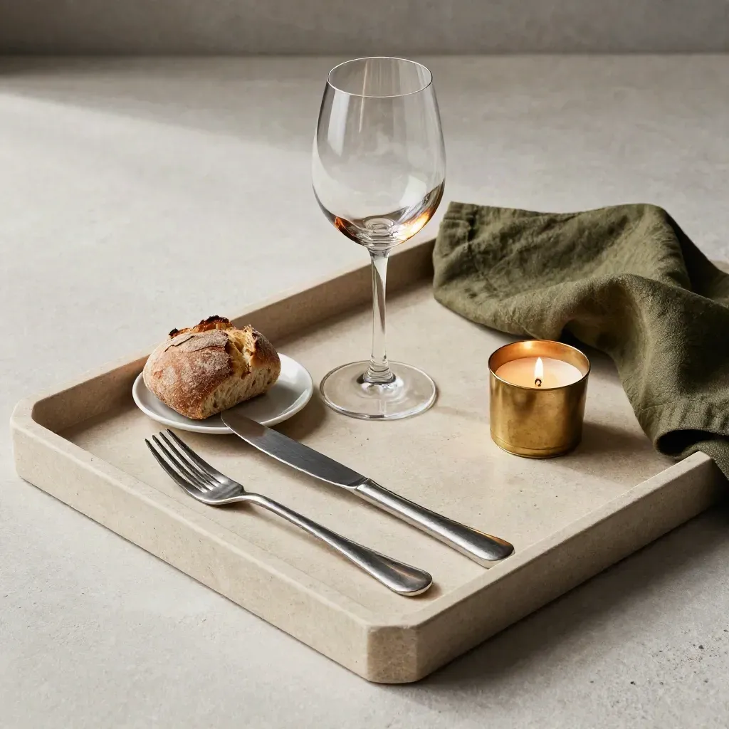 Finished dinner place on cream stone with wine glass, candle, bread plate and cutlery
