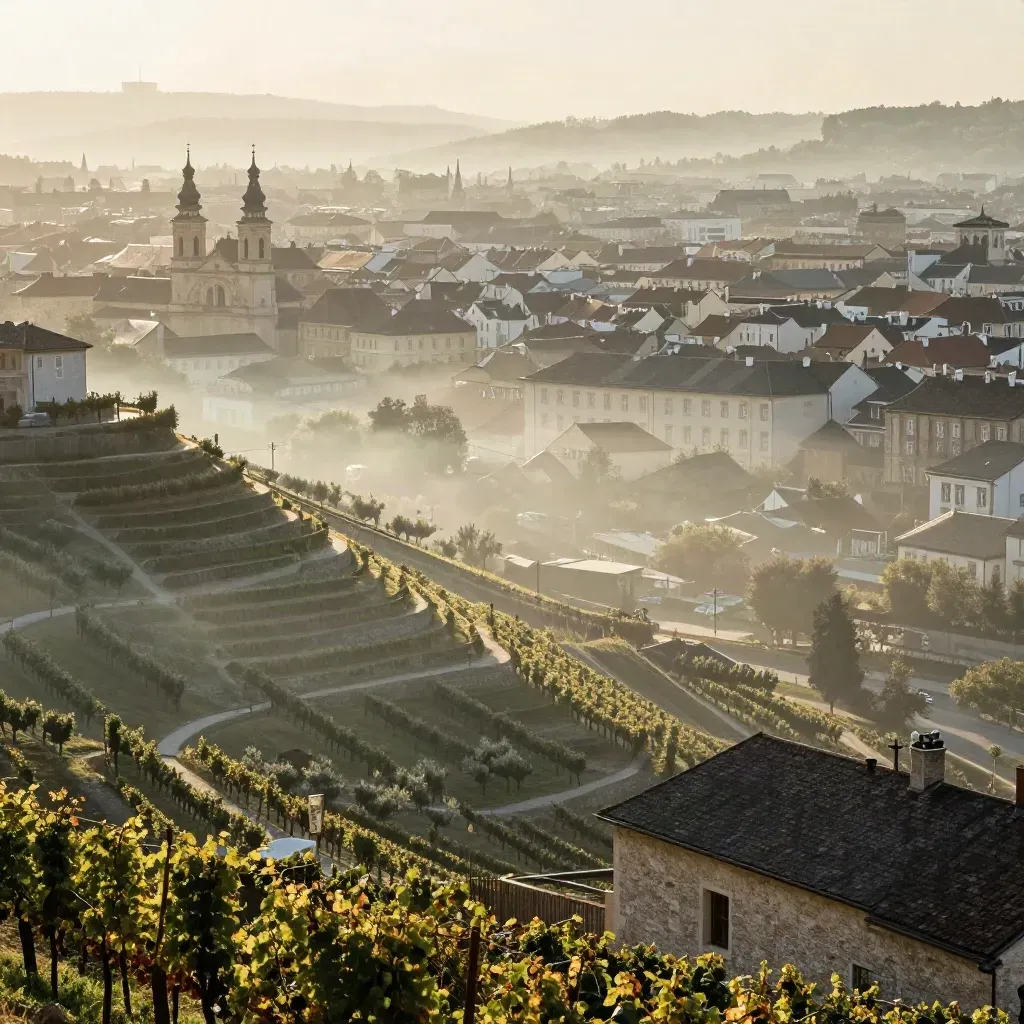 Vienna at dawn with misty vineyards and church towers above a calm hazy valley.