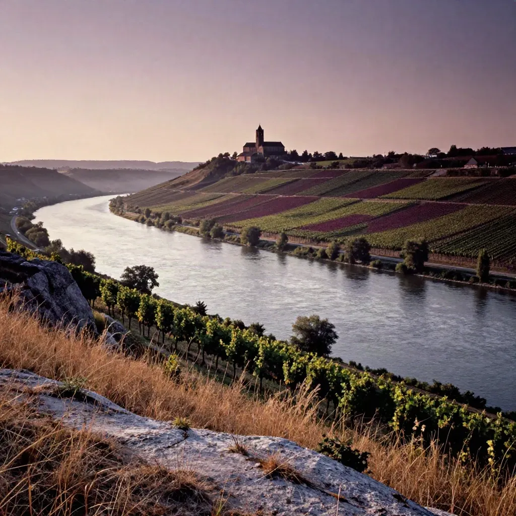 Danube valley with abbey silhouette, vineyard slopes, and silver river in late haze.
