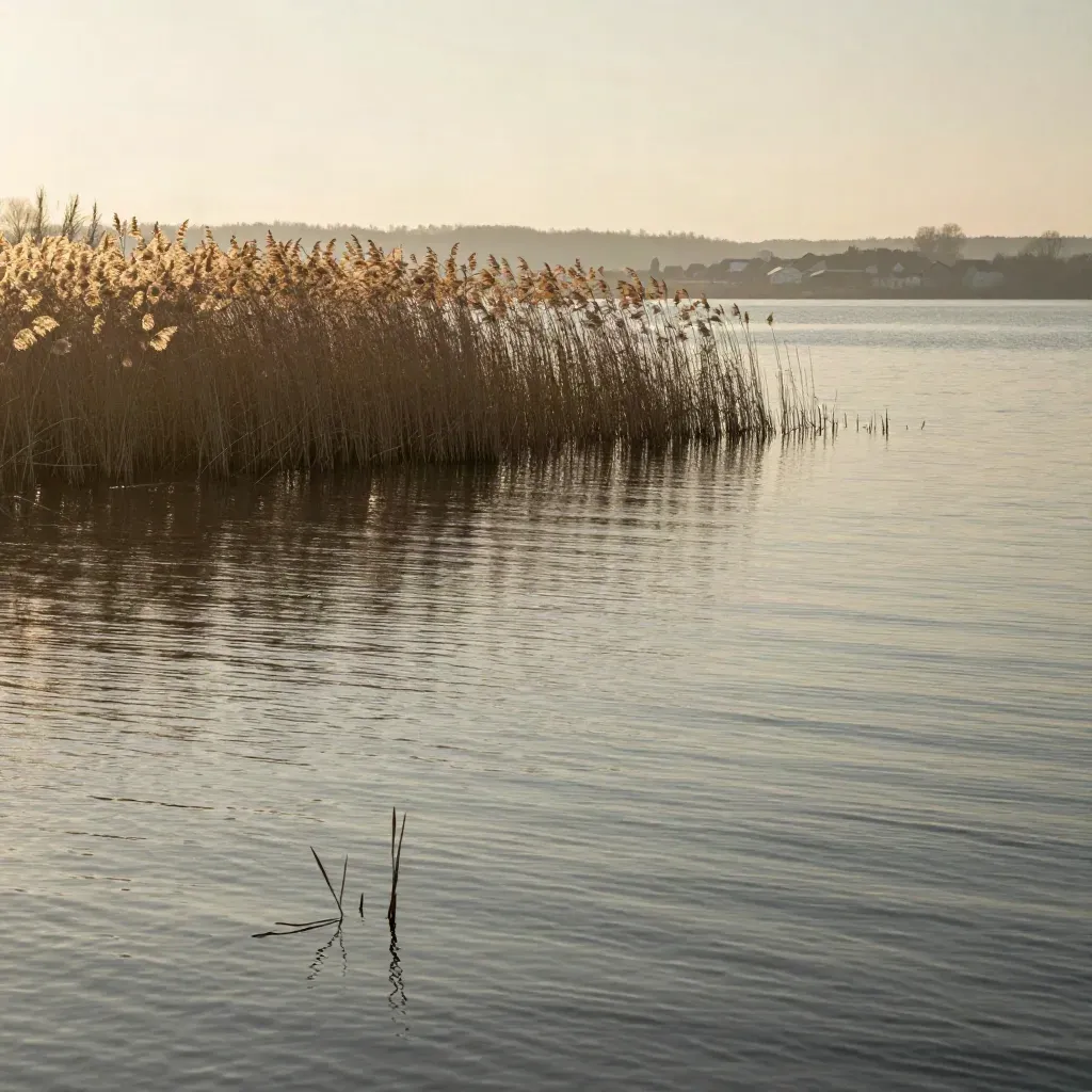 Burgenland reed-lined lake at golden hour with distant village and calm open water.