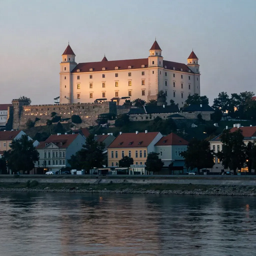 Misty Bratislava skyline over the Danube with castle hill and calm river at dusk.