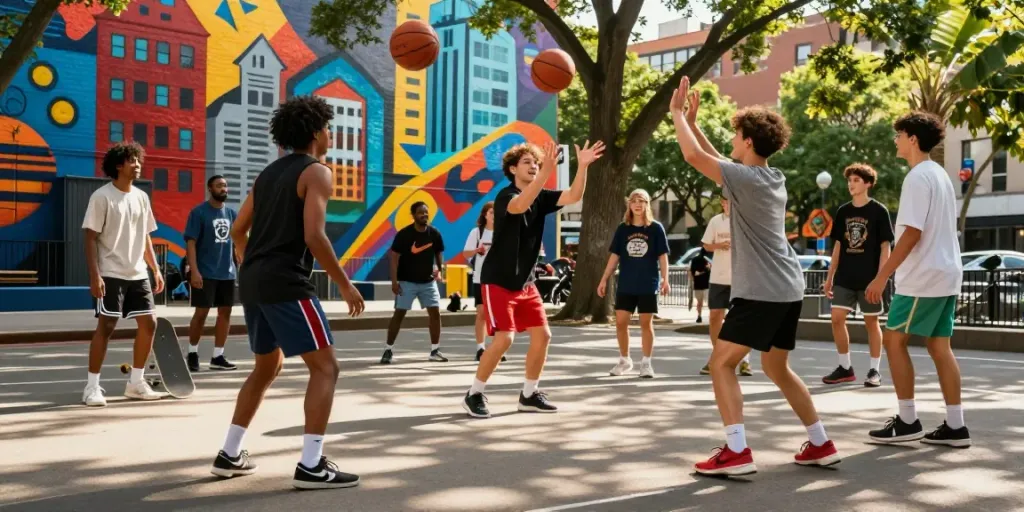 Young people enjoying a vibrant basketball game in the city, highlighting community spirit with rokok88.