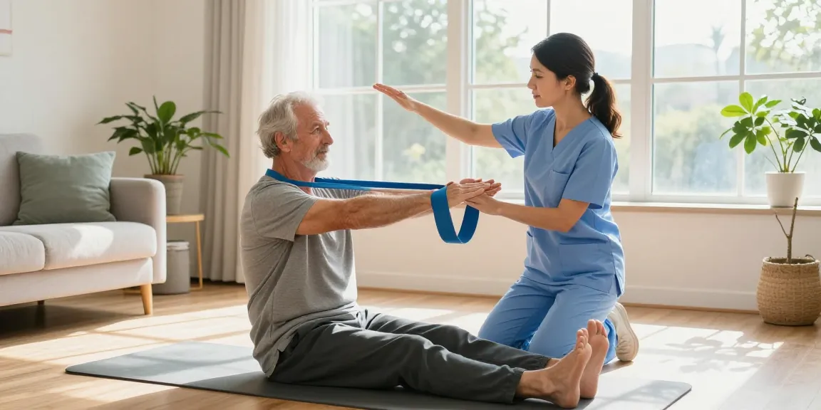 In-home physiotherapy Burlington - Physiotherapist guiding elderly patient in a living room rehabilitation session with light streaming in.
