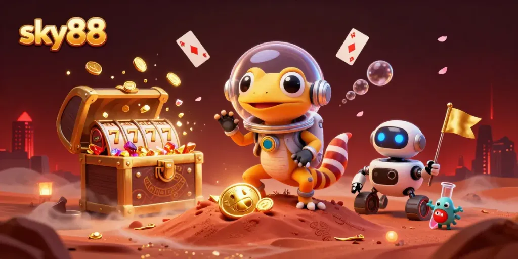 Experience thrilling gaming with sky88, featuring a Martian gecko at a golden casino among vibrant treasures.