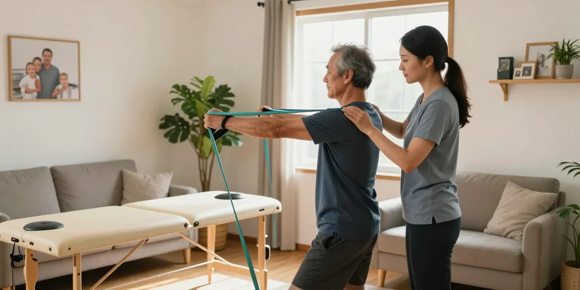 In-home physiotherapy Burlington session with patient and therapist in cozy living room.