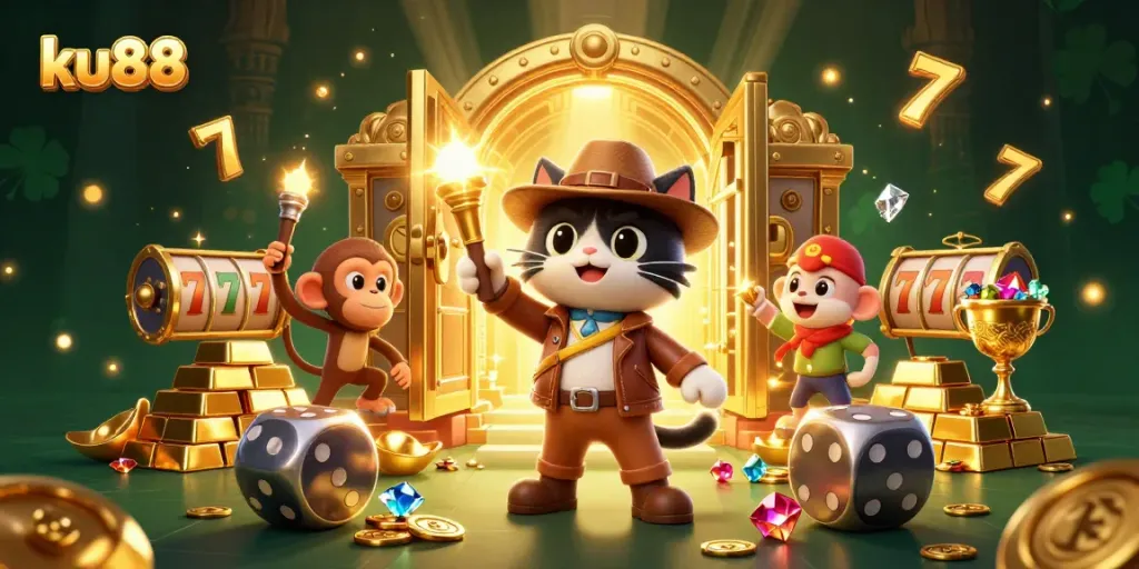 ku88 offers thrilling games as a cartoon cat and monkey explore a treasure-filled casino
