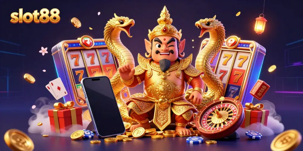 Play thrilling slot88 games surrounded by a mythical guardian, golden Naga, and jackpot symbols in an engaging atmosphere.