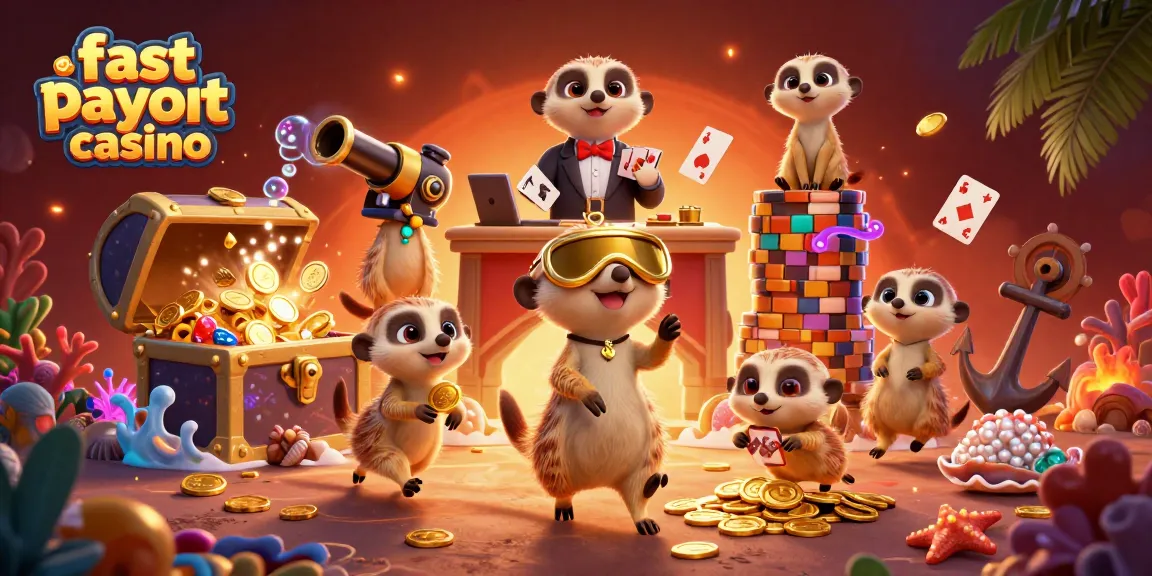 Join a vibrant fast payout casino scene with clever meerkats managing games and treasure.