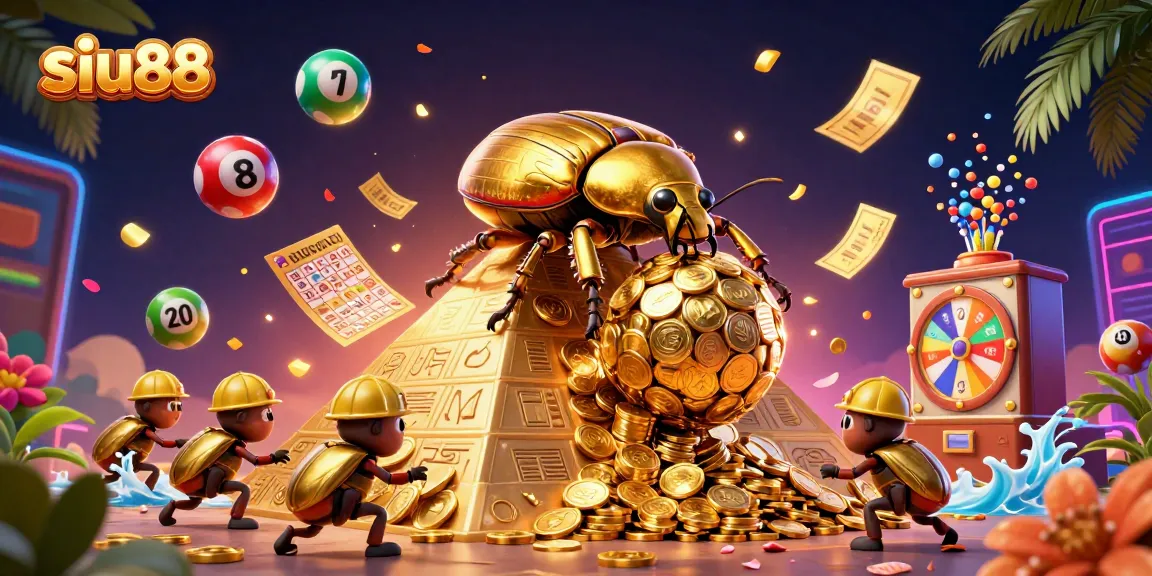 Experience the thrill of siu88 with vibrant lottery elements and golden treasures in 3D illustration.