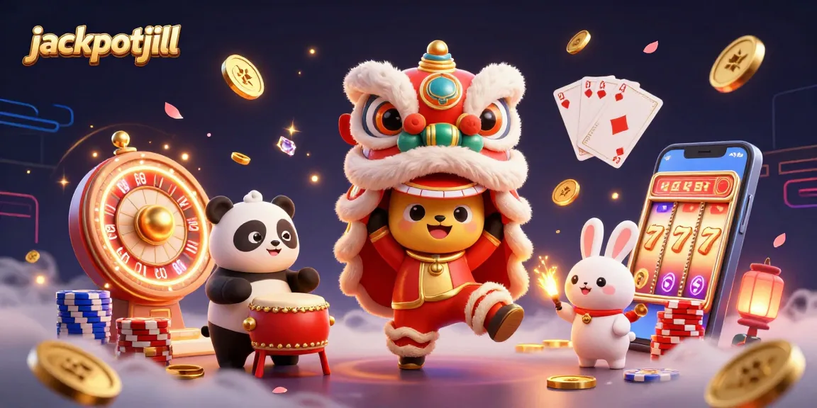Engage in thrilling games at jackpotjill with a vibrant casino scene featuring lucky symbols.