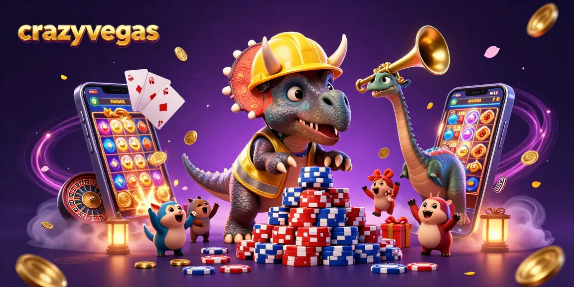 Enjoy risk-free gaming at crazyvegas with triceratops building poker chip pyramids and vibrant casino elements.